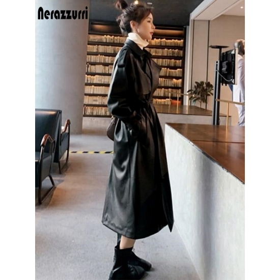 Nerazzurri Spring Black Oversized Long Waterproof Leather Trench Coat For Women 2021 Long Sleeve Loose Korean Fashion Clothing