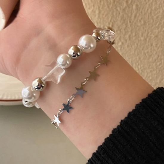 Harajuku Crystal Star Pentagram Pearl Beaded Bracelet For Women Vintage Aesthetic Charm Double Layer Chain Bracelet Jewelry Gift