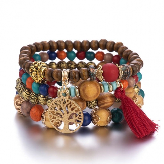 4Pcs Bohemia Tree Of Life Charm Beaded Bracelet Set For Women Handmade Wood Beads Chain Bangle Female Boho Jewelry