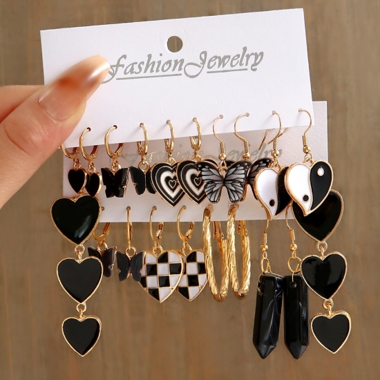 10 Pairs Suit Earrings Western Style Black Chessboard Ladies Love Tai Chi Temperament Fashion Party Style Earrings 10 Sets