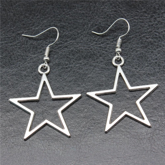 Fashion Handmade Simple Design Antique Silver Color Hollow Star Pendant Earrings Women Vintage Drop Earrings