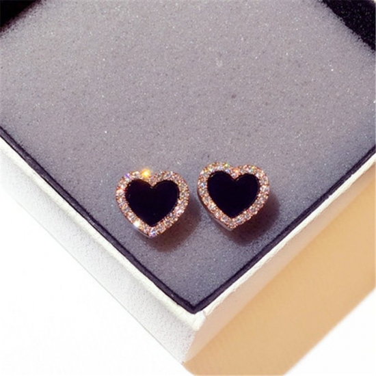 Engagement Enamel Cute Heart Stud Earrings For Women Girls Rose Gold Color Summer Jewelry Black Earring Wedding Jewelry  Gifts