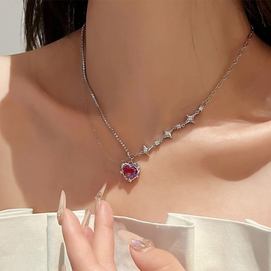 Y2K Purple Crystal Heart Pendant Necklace Women Sweet Cool Girl Punk Clavicle Chain Fashion Aesthetic Necklace Jewelry Gift 2023
