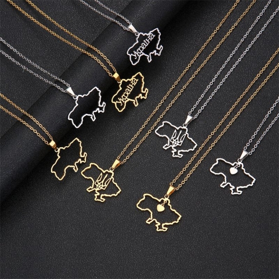 Fashion Outline Ukraine Map Pendant Necklace For Women Girls Stainless Steel Gold Color Heart Flag Ukrainian Party Jewelry Gifts