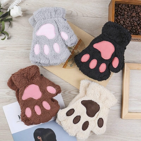 Cute Cat Paw Fluffy Claw Fingerless Gloves Warm Soft Plush Fingerless Panda Glove Half Finger Women Winter Wear Christmas Gifts