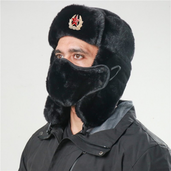 Camoland Soviet Army Military Badge Bomber Hat Men Women Russia Ushanka Hats Faux Rabbit Fur Earflap Snow Caps Trapper Hats