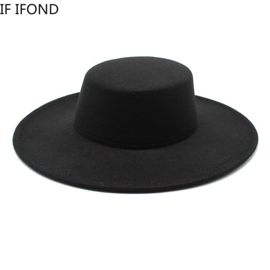 French Women-s Hat Big Wide Brim 10Cm Fedora Hat Winter Wool Derby Wedding Jazz Hats Flat Top Felt Hat