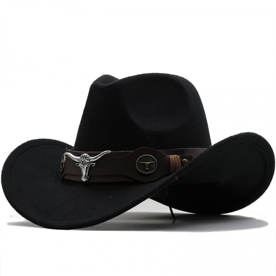 New Wome Men Black Wool Chapeu Western Cowboy Hat Gentleman Jazz Sombrero Hombre Cap Dad Cowgirl Hats Size 56-58Cm