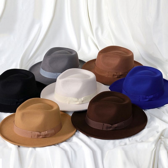 2022 New Fashion Men Fedoras Hat Women-s Jazz Hat With Bow Tie Elegant Spring Black Woolen Blend Cap Outdoor Casual Felt Hat