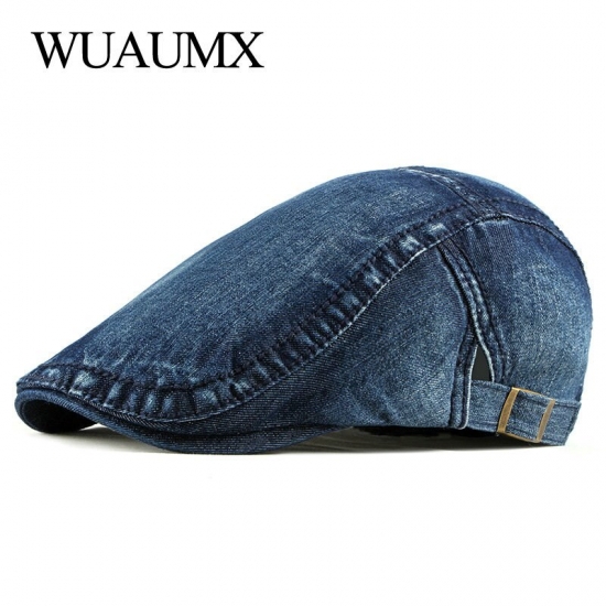Wuaumx Simple Washed Denim Berets Hat Men Women Spring Summer Peaked Flat Cap Artist Duckbill Hat Casual Herringbone Newsboy Cap