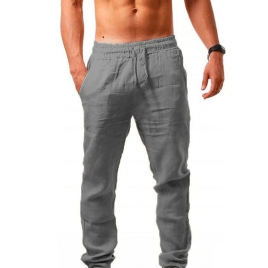 Men-s Cotton Linen Long Pants Summer Solid Color Breathable Linen Trousers Male Casual Elastic Waist Casual Pants Harajuku Trous