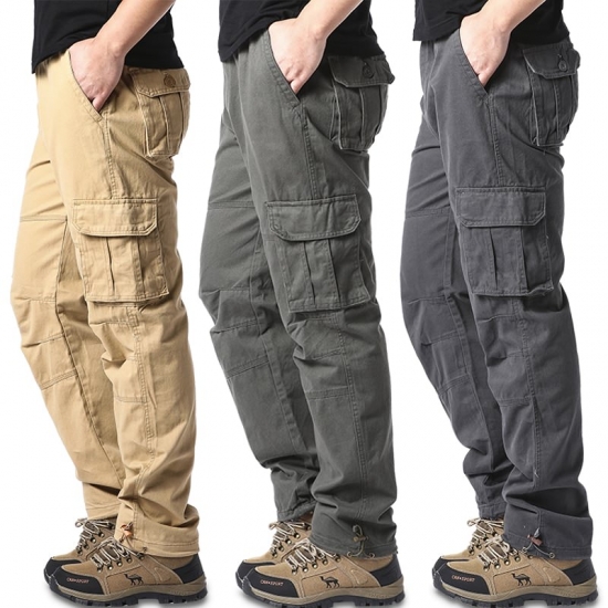 Large Pocket Loose Overalls Men-s Outdoor Sports Jogging Military Tactical Pants Elastic Waist Pure Cotton Casual Work Pants