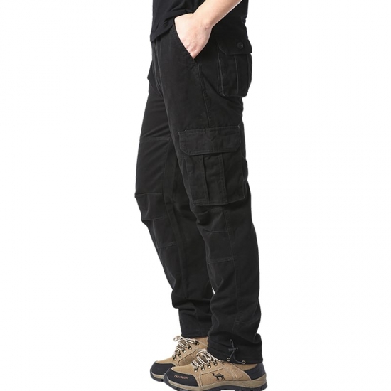 Large Pocket Loose Overalls Men-s Outdoor Sports Jogging Military Tactical Pants Elastic Waist Pure Cotton Casual Work Pants