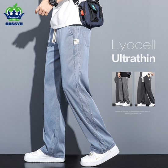Summer Soft Lyocell Fabric Men-s Jeans Thin Loose Straight Pants Drawstring Elastic Waist Korea Casual Trousers Plus Size M-5Xl