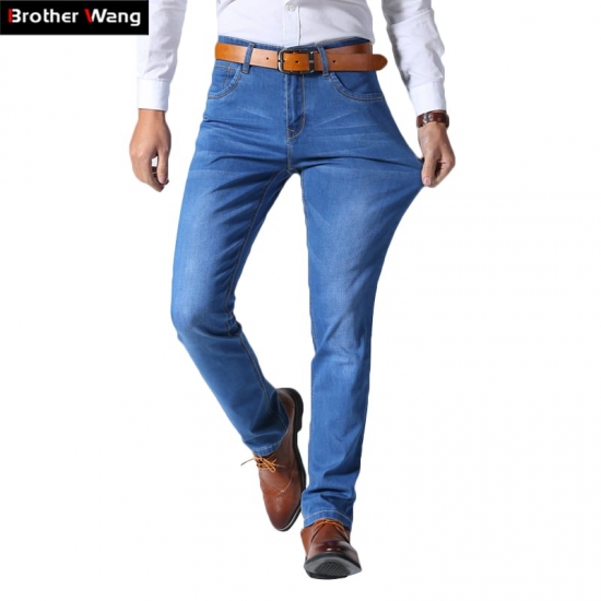 Brother Wang Classic Style Men Brand Jeans Business Casual Stretch Slim Denim Pants Light Blue Black Trousers Male