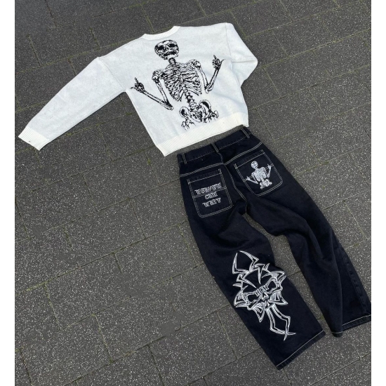 Y2K Jeans Mens Hip Hop Retro Skull Embroidery Washed Baggy Denim Pants New Straight Casual Loose Wide Leg Trouser Streetwear