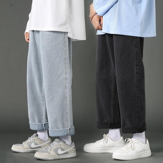 2023 New Street Casual Baggy Jeans Men-s Korean Fashion Hip Hop Straight Wide Leg  Trousers Couple Denim Pants Black Light Blue