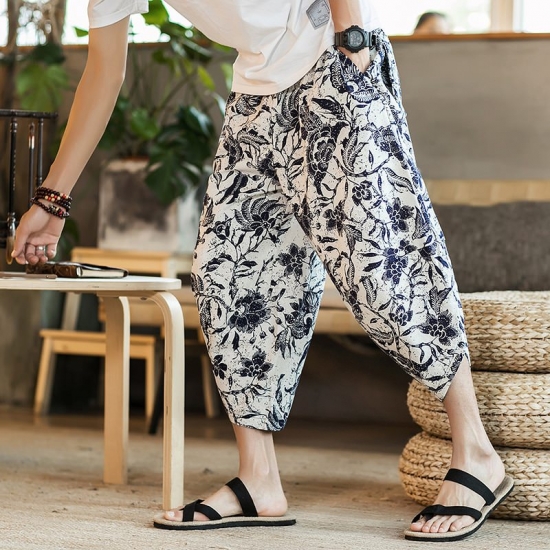 2023 Summer Harajuku Calf Length Casual Men-s Pants Wide Leg Cotton Linen Printing Harem Baggy Pants Fashion Men-s Clothing