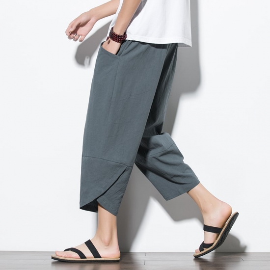 2022 Summer Men Chinese Style Cotton Linen Harem Pants Men Streetwear Breathable Beach Pants Male Casual Calf-lenght Trousers