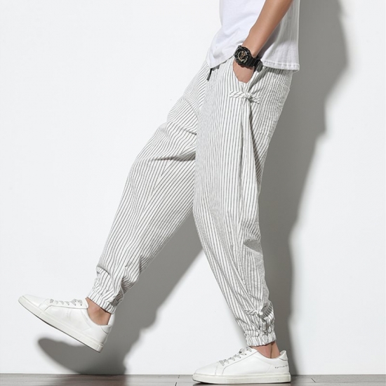 Spring Summer Disc Buckle Striped Harem Pants Mens Breathable Cotton Linen Pencil Pants Buckle Casual Bloomers Fashion Trousers