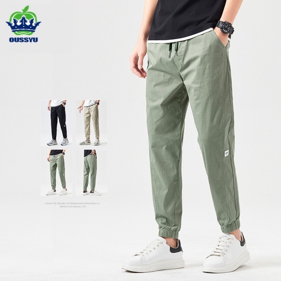 Oussyu Brand Summer Cotton Ankle Length Pants Men Thin Drawstring Cosy Korean Solid Color Lightgreen Casual Harun Trousers Male