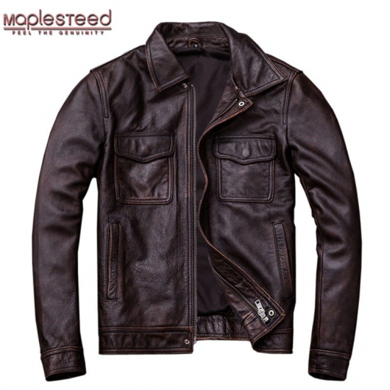 Vintage Genuine Leather Jacket Men 100% Cowhide Red Brown Black Natural Leather Jackets Man Leather Coat Autumn Clothing M174