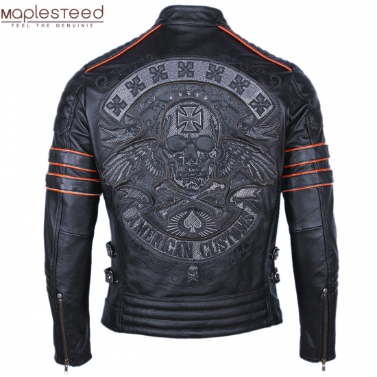 Black Embroidery Skull Motorcycle Leather Jackets 100% Natural Cowhide Moto Jacket Biker Leather Coat Winter Warm Clothing M219