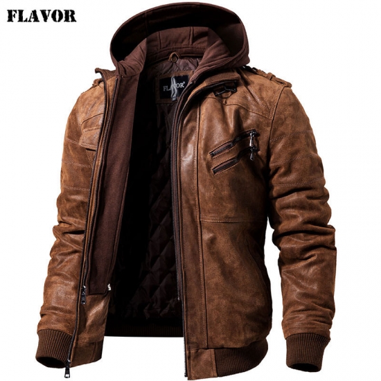 Flavor Men-s Real Leather Jacket Men Motorcycle Removable Hood Winter Coat Men Warm Genuine Leather Jackets