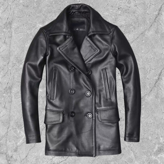 New Men-s Genuine Leather Jacket Male Cowhide Overcoat Autumn Winter Business Coat Trench Style Double Breasted Clothes Calfskin