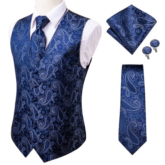 Hi-tie 20 Color Silk Men-s Vests Tie Business Formal Dress Slim Sleeveless Jacket 4Pc Hanky Cufflink Blue Paisley Suit Waistcoat