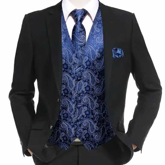 Hi-tie 20 Color Silk Men-s Vests Tie Business Formal Dress Slim Sleeveless Jacket 4Pc Hanky Cufflink Blue Paisley Suit Waistcoat