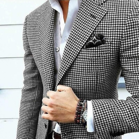 Italian Style Men-s Blazer Houndstooth Casual Man Suit Jacket Notched Lapel One Piece Check Wedding Coat For Prom Party