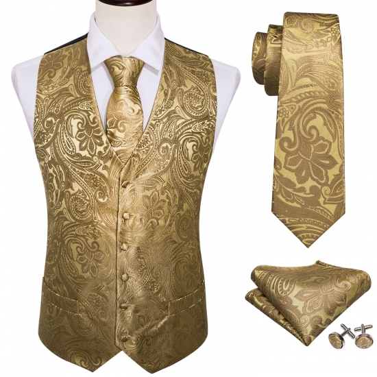 4Pc Mens Extra Silk Vest Party Wedding Gold Paisley Solid Floral Waistcoat Vest Pocket Square Tie Suit Set Barry-Wang Bm-2017