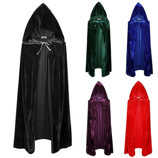 Adult Halloween Velvet Cloak Cape Hooded Medieval Costume Witch Wicca Vampire Halloween Costume Full Length Dress Coats 5 Colors