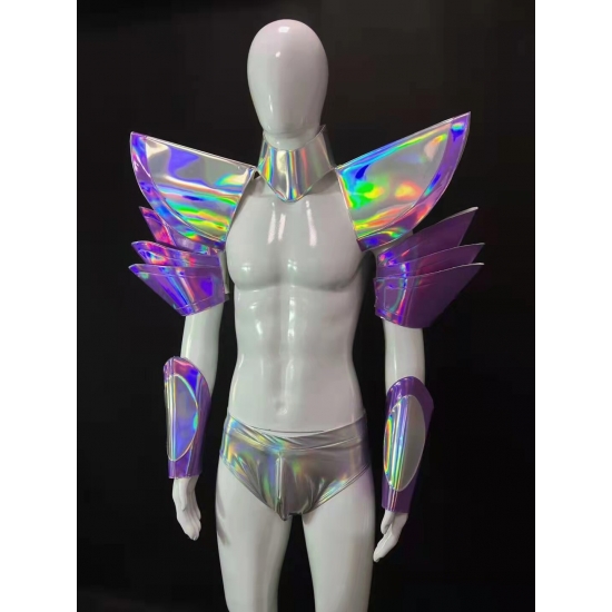 Club Party Nightclub Dj Gogo Sexy Silver Costume Stage Wear Cuff Outfit Muscle Men-s Space Mirror Armor Bar Dancer Performance