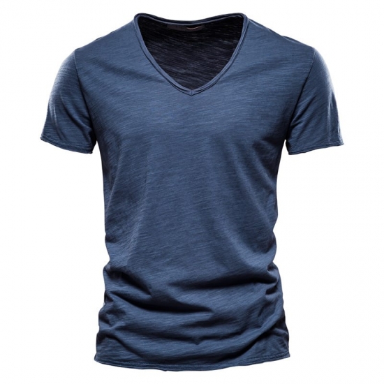 Aiopeson 100% Cotton Men T-shirt V-neck Fashion Design Slim Fit Soild T-shirts Male Tops Tees Short Sleeve T Shirt For Men