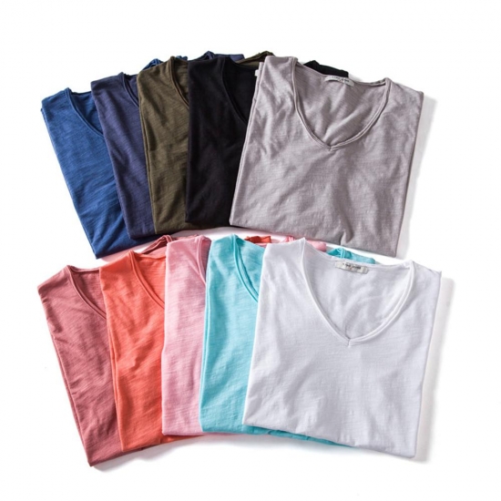 Aiopeson 100% Cotton Men T-shirt V-neck Fashion Design Slim Fit Soild T-shirts Male Tops Tees Short Sleeve T Shirt For Men