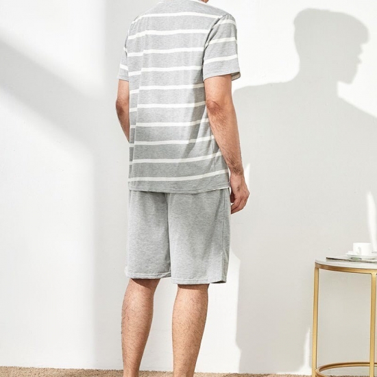 New O Neck Lounge Striped Sleepwear Pyjamas Mens Short Sleeve Shorts Pajamas Set Sleepwear Leisure Suits Nightwear Men Homewear