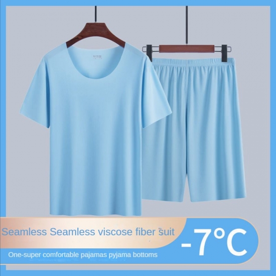 Pajamas Sets Summer Thin Men-s Ice Silk Cozy Pajama Short Sleeve Round Neck Fashion No Trace Casual Home Clothing Plu Size New