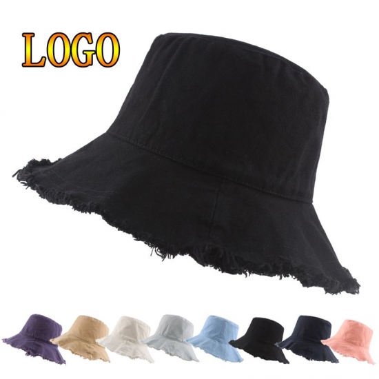 New Custom Logo Tassel Washed Denim Bucket Hats Women  Cotton Plain Wide Brim Foldable Fisherman-s Hat Outdoor Beach Panama Cap
