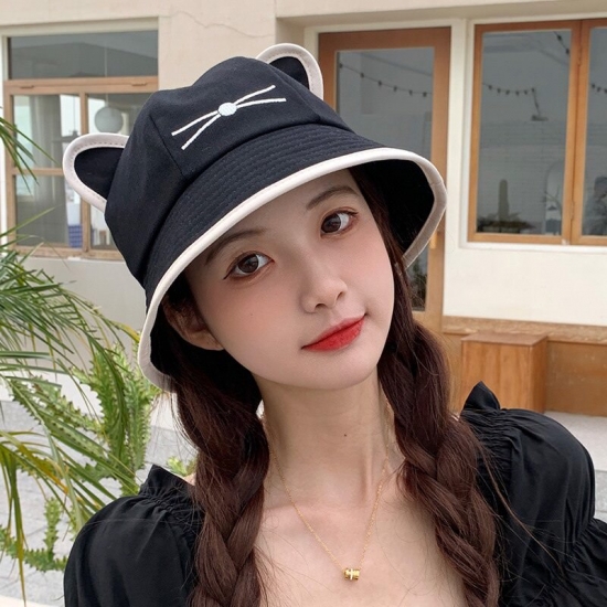 Korean Cartoon Cat Ears Women Girls Bucket Hat Spring Summer Kawaii Beach Tour Sun Visor Hats Wide Brim Solid Cotton Panama Cap