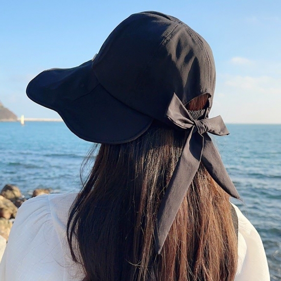 Wide Brimmed Fisherman Hat Outdoors Fishing Travel Women Sunscreen Sun Hats Bowknot Tie Hollow Ponytail Golf Summer Sunshade Cap