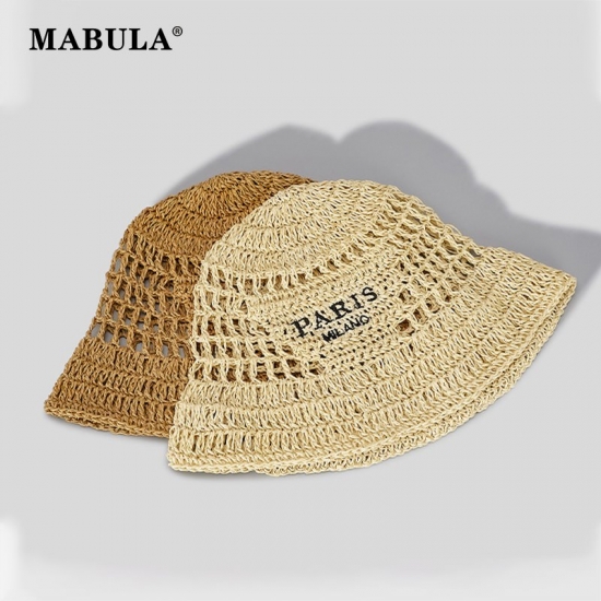 Mabula Wide Brim Women Bucket Hat Summer Straw Woven Sun Visor Hats Luxury Design Hollow Out Hat Fashion Striped Girls Beach Hat