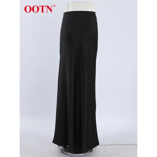 Ootn Elegant Satin Black Trumpet Skirts Fashion Slim High Waist Skirts Women Female 2023 Solid Office Long Skirt Spring Summer