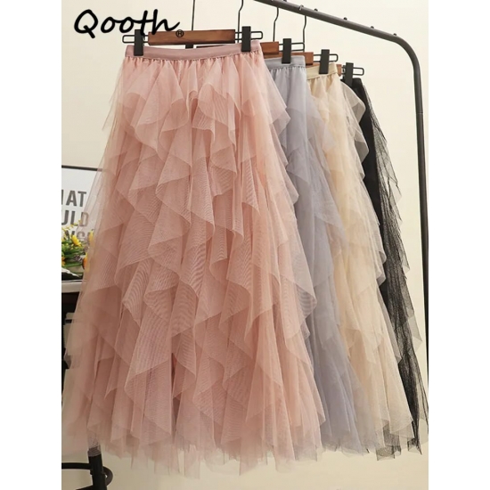 Qooth Women Tulle Cake Mesh Skirt Elegant Elastic Waist Fairy Long A-line Tutu Skirt For Spring Summer Qt2138