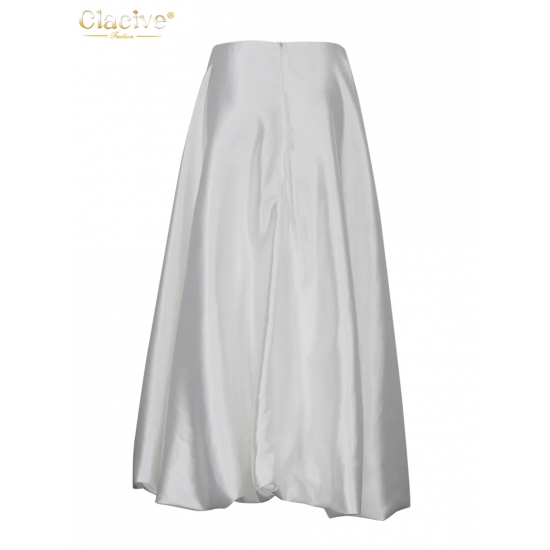 Clacive Fashion Beige Satin Skirts For Women Elegant High Waist Office Lady Ankle-length Skirt Casual Loose Skirt Female Clothes