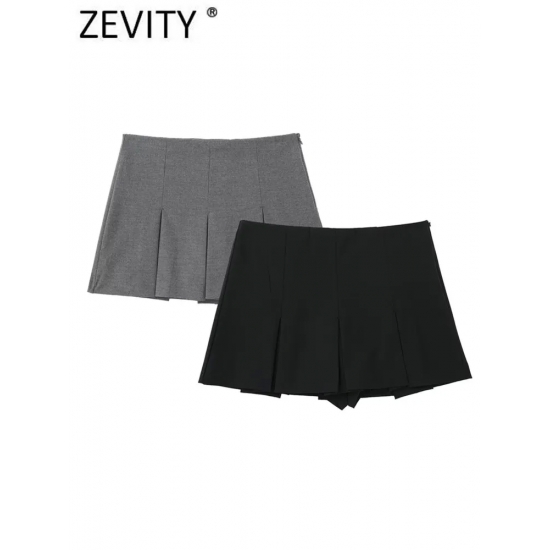Zevity Women High Waist Wide Pleats Design Slim Shorts Skirts Female Side Zipper Culottes Hot Shorts Chic Pantalone Cortos P2576