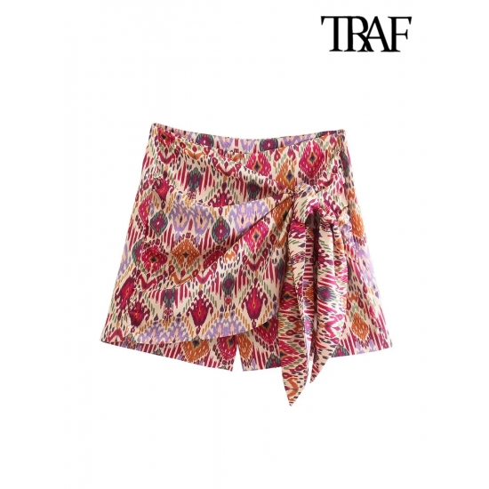 Traf Women Fashion With Knotted Totem Print Shorts Skirts Vintage High Waist Side Zipper Female Skirts Mujer