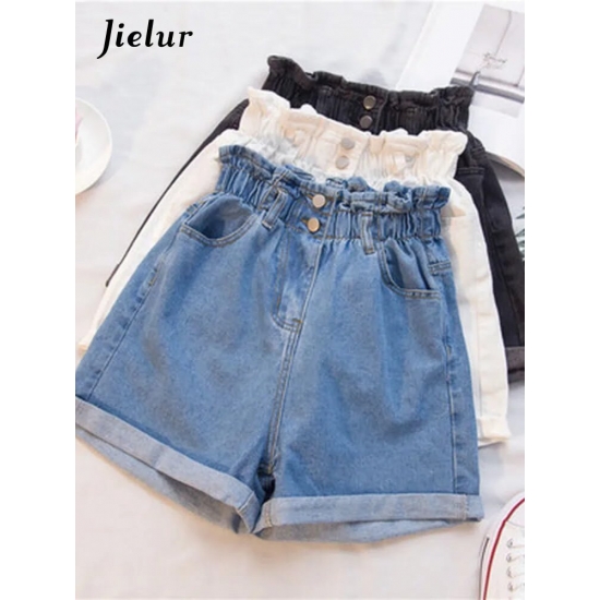 Jielur Summer Black Women Denim Shorts Women S-5Xl Harem Ruffled White Blue High Waisted Shorts Female Elastic Short Jeans