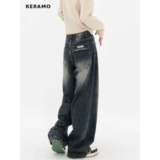 Harajuku Streetwear Retro Fashion Autumn Women High Waist Jeans Loose Wide Leg Straight Loose Denim Trousers Y2K Baggy Pants